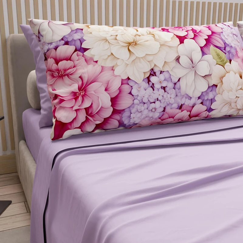 PETTI Artigiani Italiani - Cotton Sheets with Pillowcases in Digital Print, Double Maxi, Complete Top and Bottom Sheet with Corners, Hydrangea Lilac, 100% Made in Italy