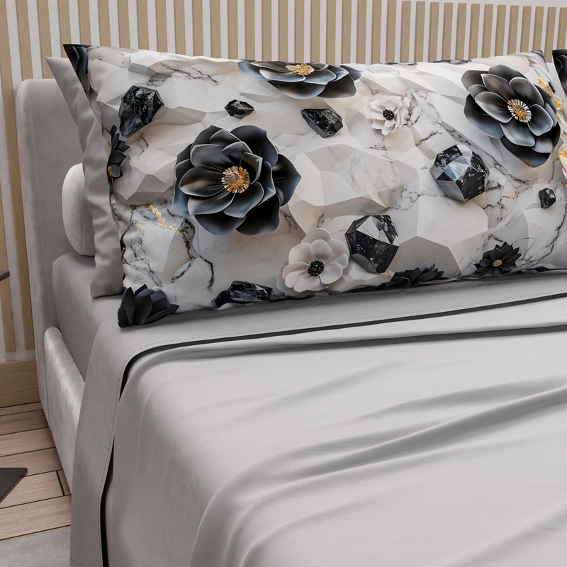 PETTI Artigiani Italiani - Cotton Sheets with Pillowcases in Digital Print, Double Maxi, Complete Top and Bottom Sheet with Corners, Floral 06 7 Light Grey, 100% Made in Italy