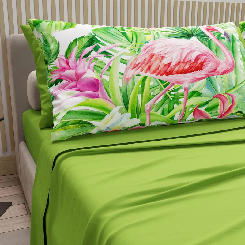 PETTI Artigiani Italiani - Cotton Sheets with Pillowcases in Digital Print, Double Maxi, Complete Top and Bottom Sheet with Corners, Flamingo Green, 100% Made in Italy - Image 1