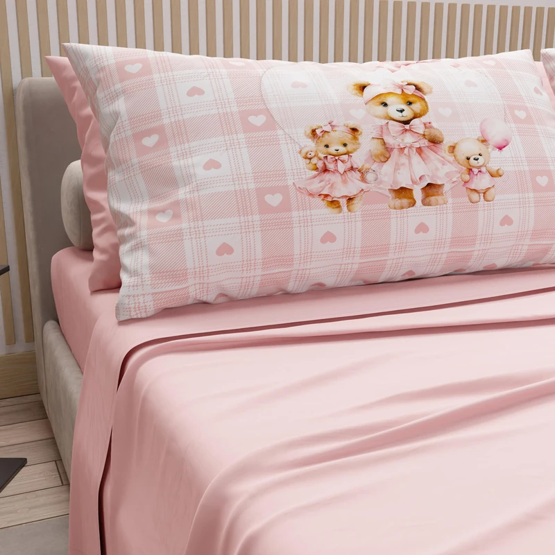 PETTI Artigiani Italiani - Cotton Sheets with Pillowcases in Digital Print, Double Maxi, Top and Bottom Sheet Set with Corners, Teddy Love Pink Powder, 100% Made in Italy