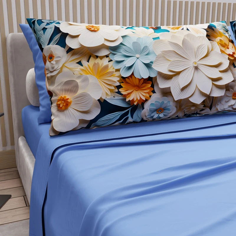 PETTI Artigiani Italiani - Cotton Sheets with Pillowcases in Digital Print, French Quarter Size, Top and Bottom Sheet Set with Corners, Floral 05 5 Light Blue, 100% Made in Italy