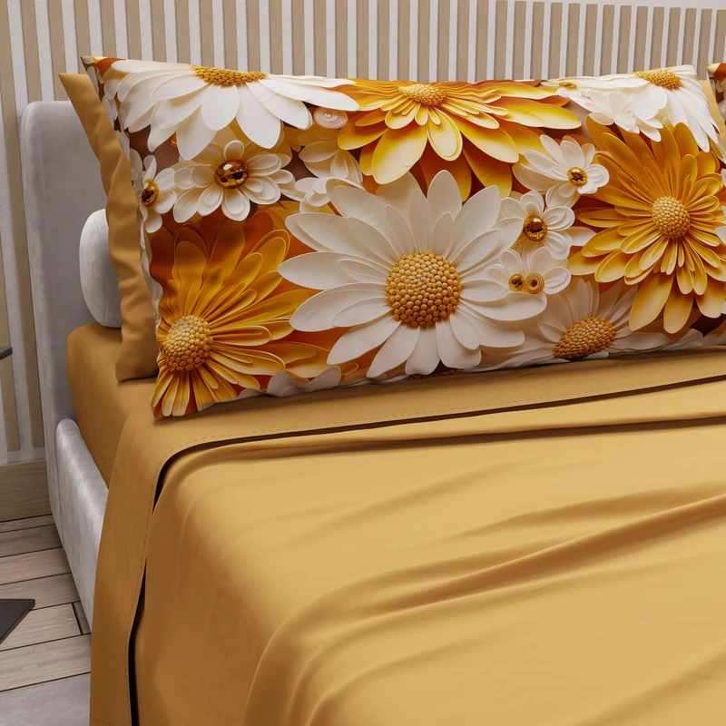 PETTI Artigiani Italiani - Cotton Sheets with Pillowcases in Digital Print, French Queen, Complete Top and Bottom Sheet with Corners, Floral 05 2 Ochre Yellow, 100% Made in Italy