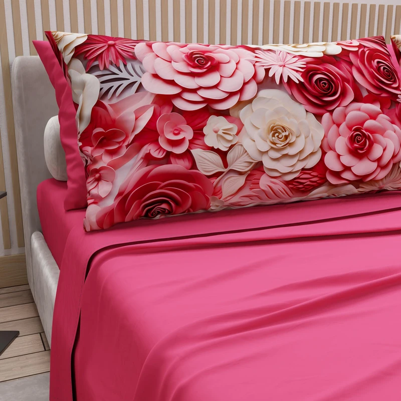 PETTI Artigiani Italiani - Cotton Sheets with Pillowcases in Digital Print, Double Maxi, Complete Top and Bottom Sheet with Corners, Floral 05 3 Fuchsia, 100% Made in Italy