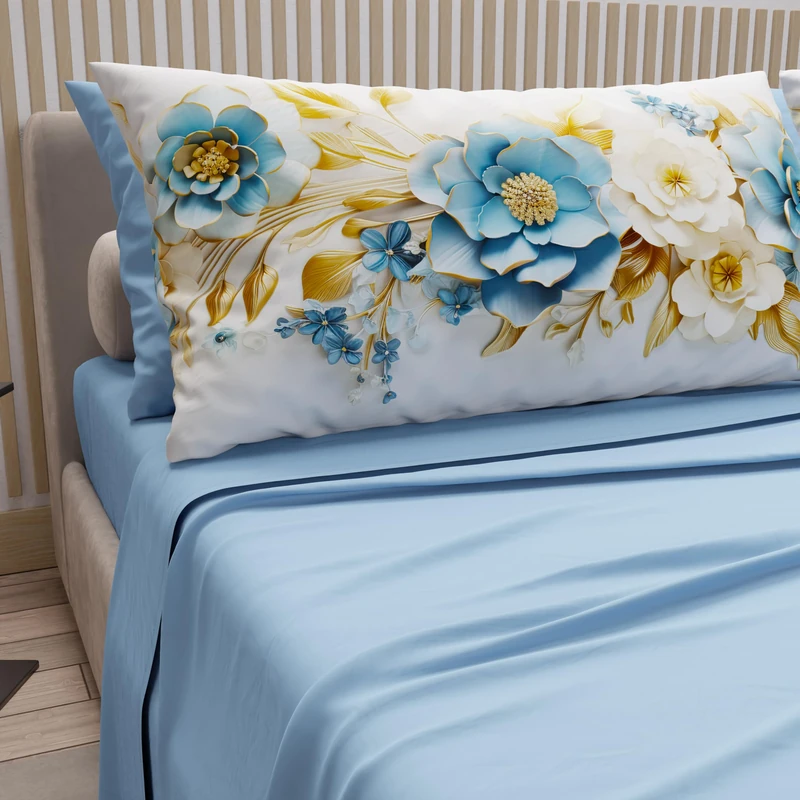 PETTI Artigiani Italiani - Cotton Sheets with Pillowcases in Digital Print, French Quarter Size, Top and Bottom Sheet Set with Corners, Ceramic 03 Light Blue, 100% Made in Italy