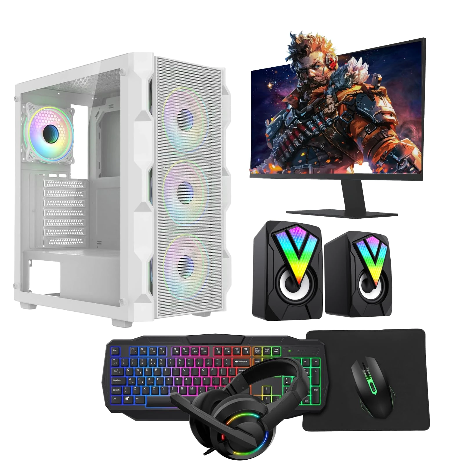 Gaming PC – Intel Core i5, GT 730 4GB Graphics, 16GB RAM, 1TB HDD + 128GB SSD, Windows 11 Pro, 22" Monitor, Keyboard, Mouse, Headset – High-Performance Gaming PC Bundle (Neo White)