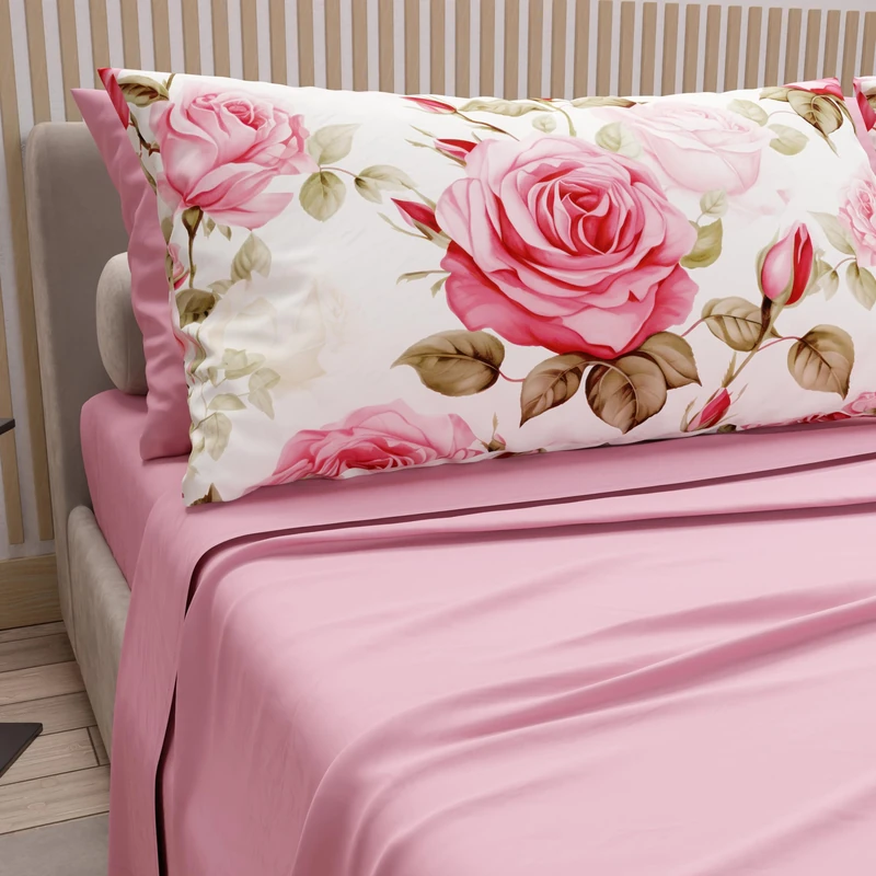 PETTI Artigiani Italiani - Cotton Sheets with Pillowcases in Digital Print, French Quarter Size, Top and Bottom Sheet Set with Corners, Pink Bouquet, 100% Made in Italy