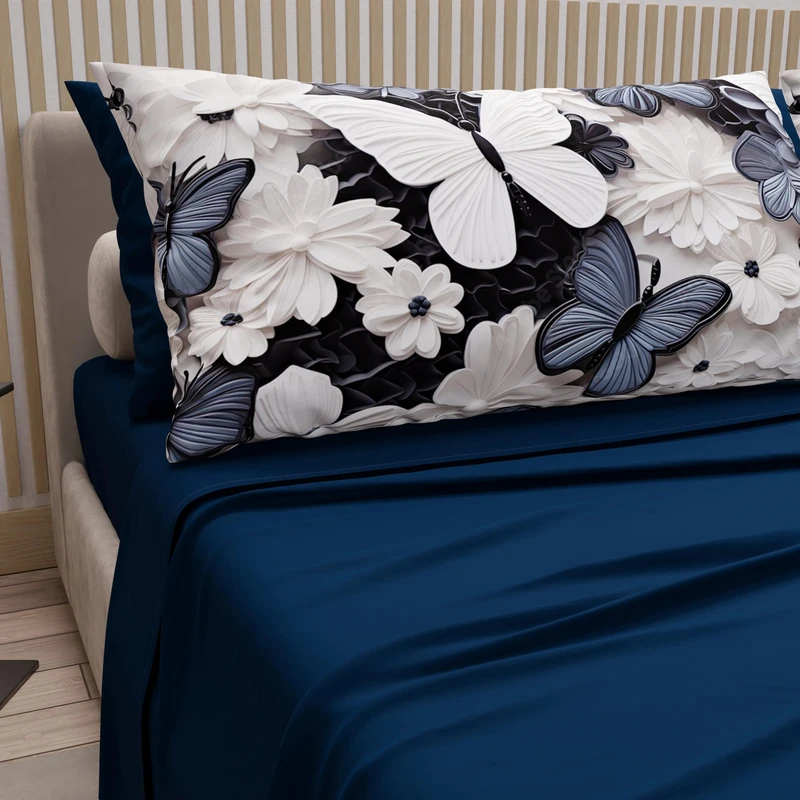 PETTI Artigiani Italiani - Cotton Sheets with Pillowcases in Digital Print, Double Maxi, Complete Top and Bottom Sheet with Corners, Mariposa 03 Night Blue, 100% Made in Italy