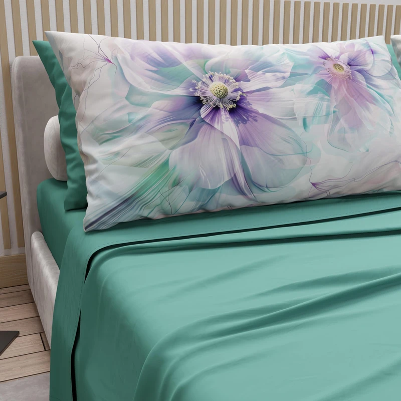 PETTI Artigiani Italiani - Cotton Sheets with Pillowcases in Digital Print, Double Maxi, Complete Top and Bottom Sheet with Corners, Floral 04 159 Teal, 100% Made in Italy