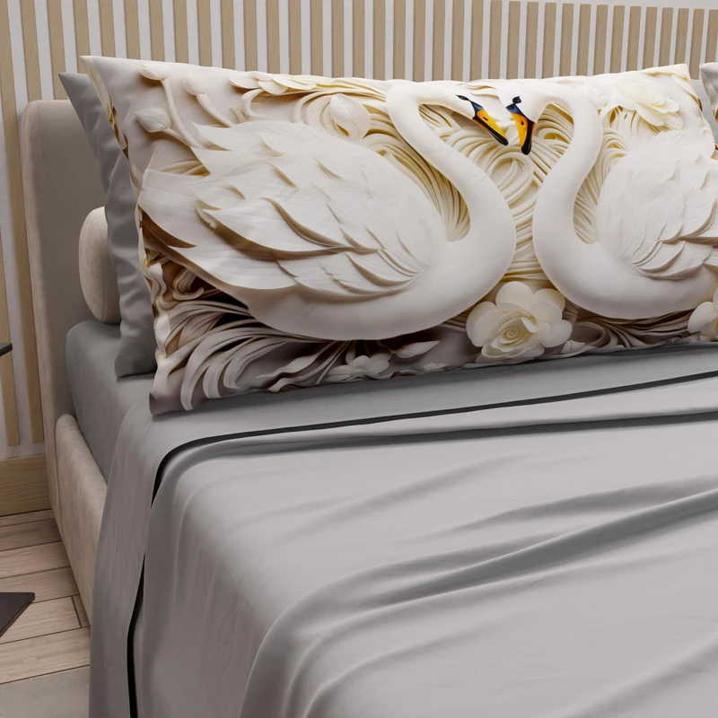 PETTI Artigiani Italiani - Cotton Sheets with Pillowcases in Digital Print, Double Maxi, Top and Bottom Sheet Set with Corners, Light Grey Swans, 100% Made in Italy