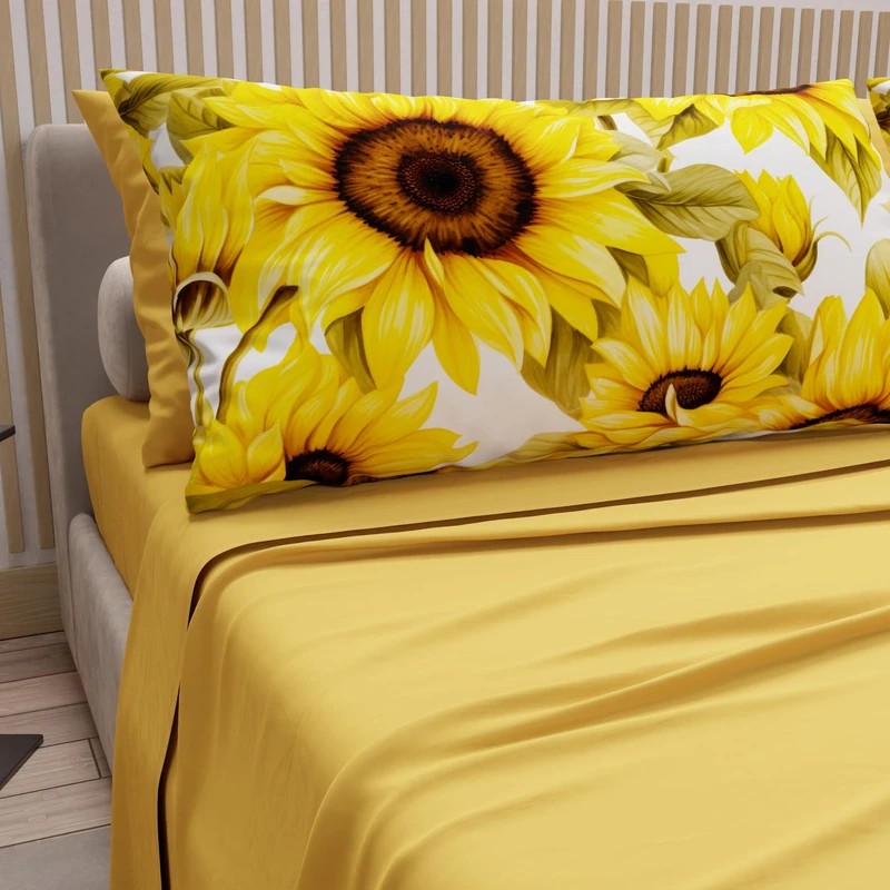 PETTI Artigiani Italiani - Cotton Sheets with Pillowcases in Digital Print, Double Maxi, Complete Top and Bottom Sheet with Corners, Yellow Sunflower, 100% Made in Italy