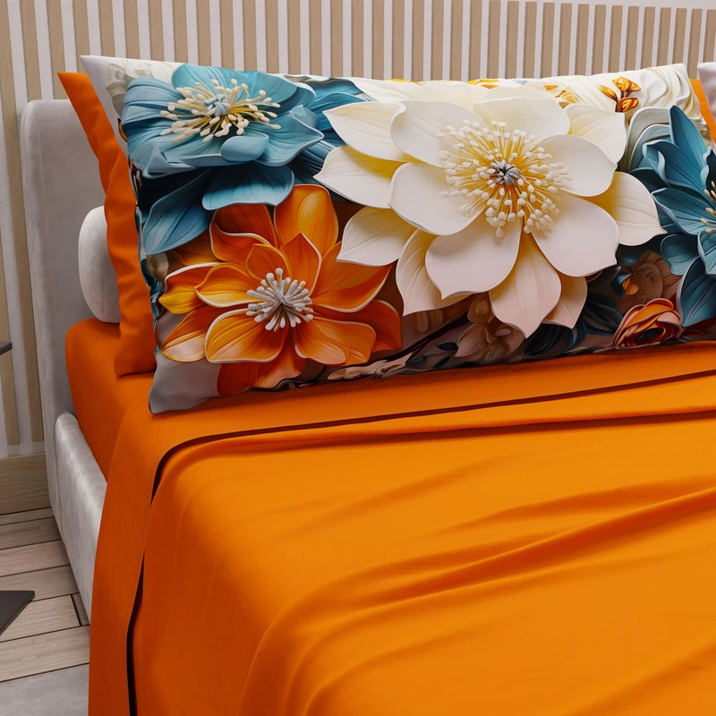 PETTI Artigiani Italiani - Cotton Sheets with Pillowcases in Digital Print, Double Maxi, Complete Top and Bottom Sheet with Corners, Floral 05 10 Orange, 100% Made in Italy