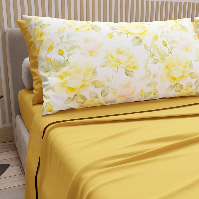 PETTI Artigiani Italiani - Cotton Sheets with Pillowcases in Digital Print, French Queen, Complete Top and Bottom Sheet with Corners, Valencia Yellow, 100% Made in Italy