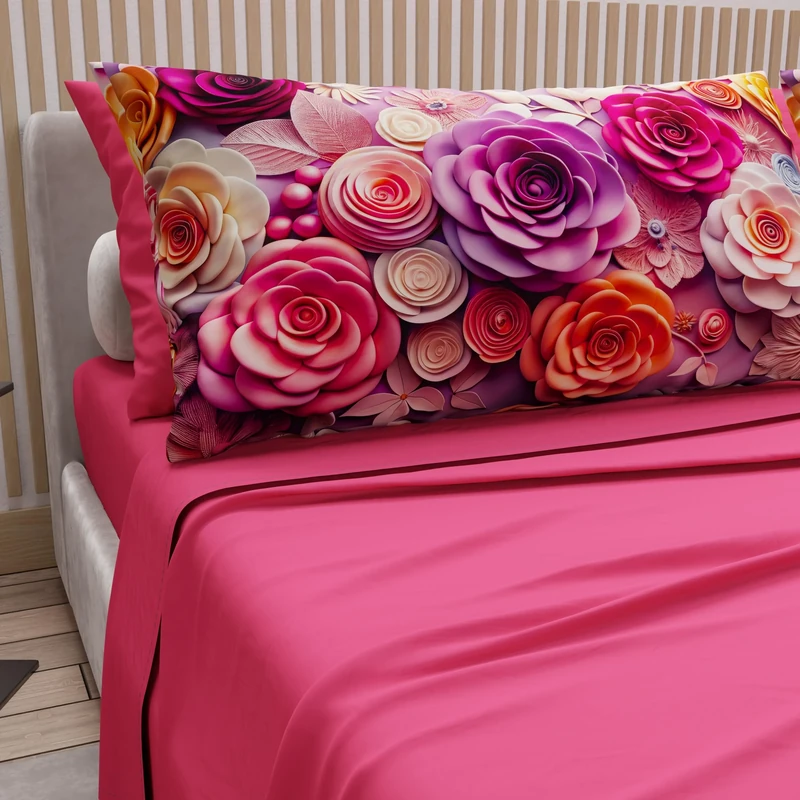 PETTI Artigiani Italiani - Cotton Sheets with Pillowcases in Digital Print, Double Maxi, Complete Top and Bottom Sheet with Corners, Floral 05 17 Fuchsia, 100% Made in Italy