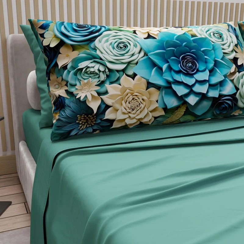 PETTI Artigiani Italiani - Cotton Sheets with Pillowcases in Digital Print, Double Maxi, Complete Top and Bottom Sheet with Corners, Floral 05 15 Teal, 100% Made in Italy