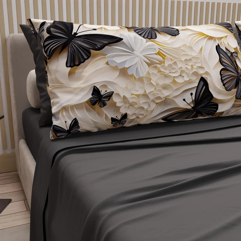 PETTI Artigiani Italiani - Cotton Sheets with Pillowcases in Digital Print, Double Maxi, Complete Top and Bottom Sheet with Corners, Mariposa 05 Dark Grey, 100% Made in Italy