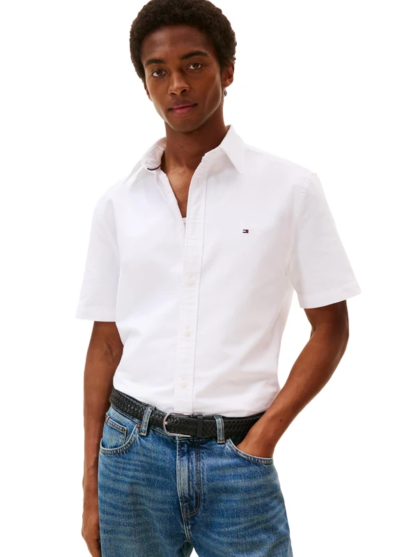 Tommy Hilfiger Mens Short Sleeve Oxford Shirts in Regular Fit, Men's Button Down Shirts, White, XL