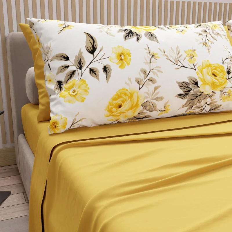 PETTI Artigiani Italiani - Cotton Sheets with Pillowcases in Digital Print, Double Maxi, Complete Top and Bottom Sheet with Corners, Monaco Yellow, 100% Made in Italy