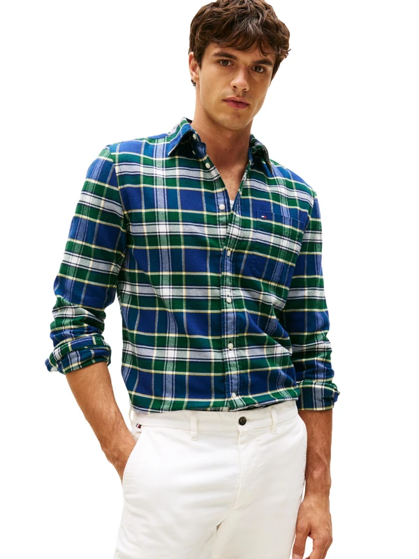 Tommy Hilfiger Long Sleeve Tartan Regular Fit, Men's Button Down Shirt, Ornamental Green/Check, XXL
