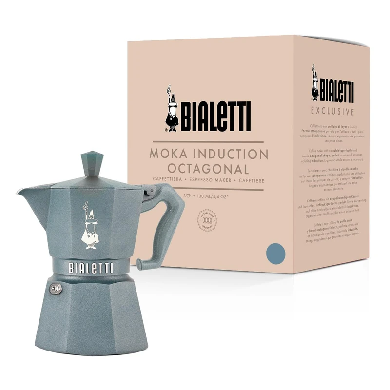 Bialetti Moka Exclusive Octagonal Induction 3 Cup Espresso Coffee Maker, Aluminium and Steel, Silver Grey - Gas and Induction Compatible