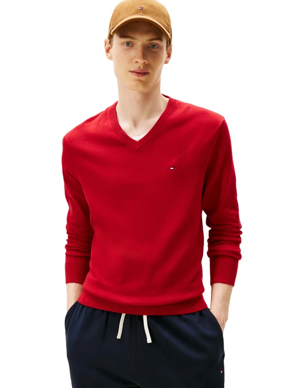 Tommy Hilfiger Men's Cotton Solid V Neck Sweater Lightweight Pullover, Medium red, S