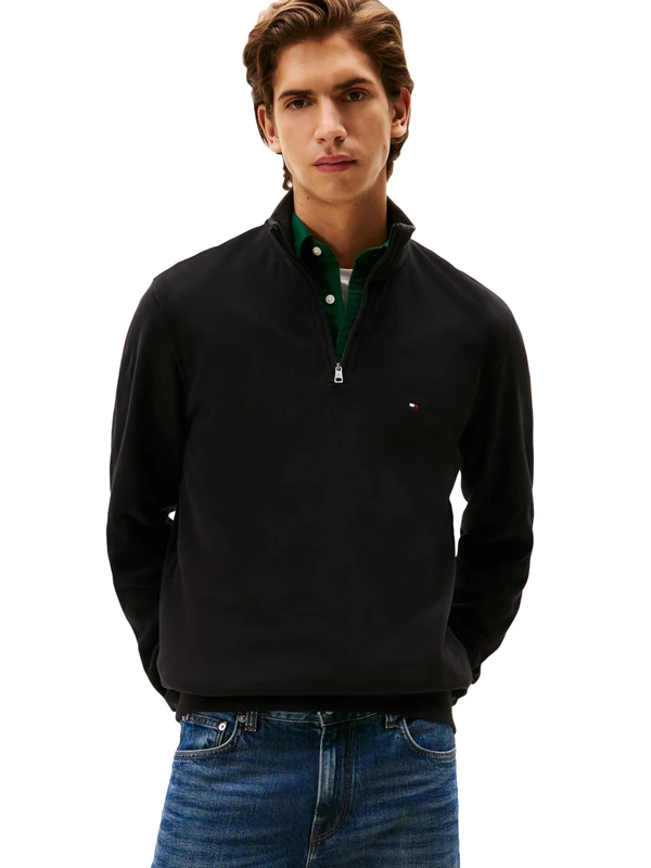 Tommy Hilfiger Men's Medium Weight Ribbed 1/4 Zip Sweatshirt, Black, XXL - Image 1