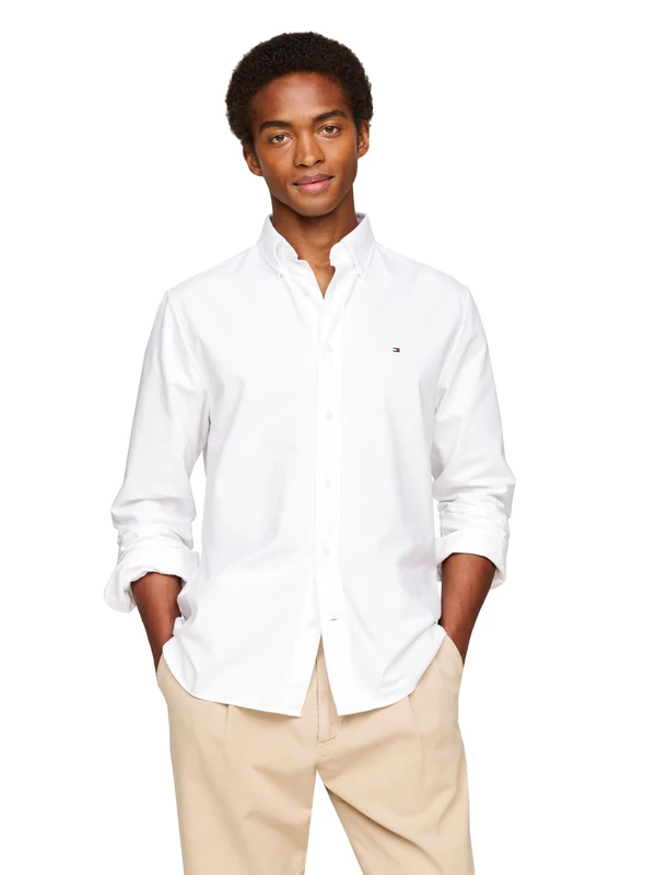 Tommy Hilfiger Mens Short Sleeve Oxford Shirts in Regular Fit, Men's Button Down Shirts, White, Large