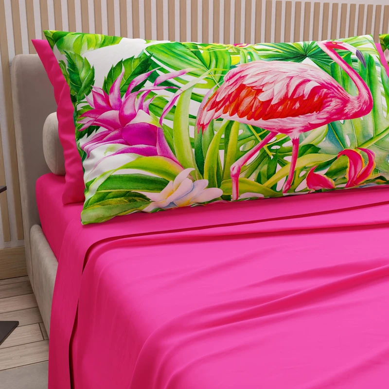 PETTI Artigiani Italiani - Cotton Sheets with Pillowcases in Digital Print, French Queen, Top and Bottom Sheet Set with Corners, Flamingo Fuchsia, 100% Made in Italy