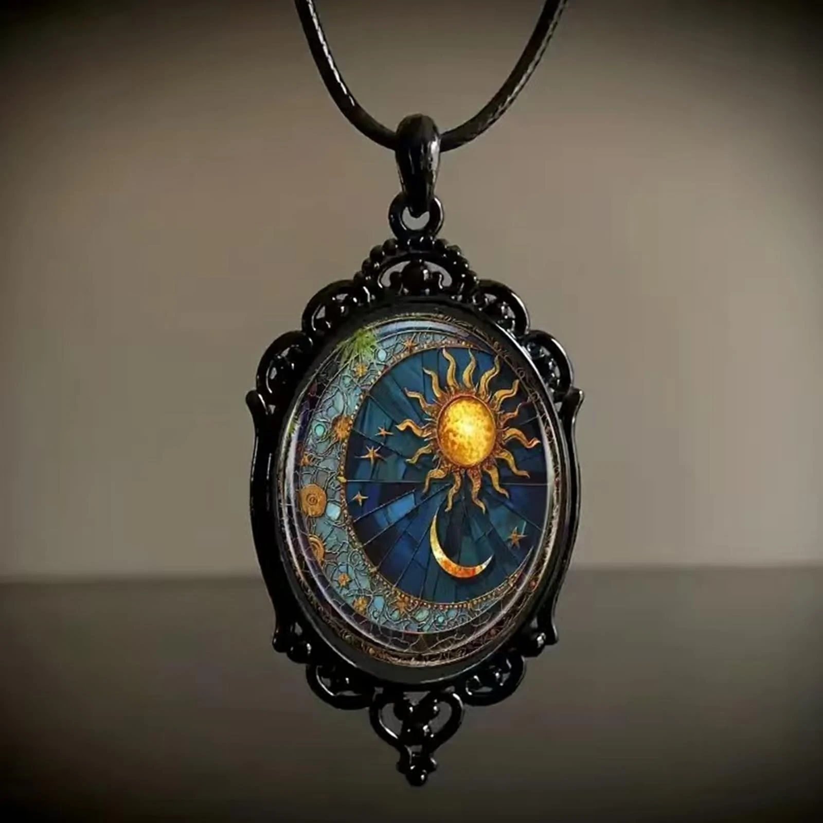 Gothic Sun & Moon Necklace for Women – Punk Style Glass Pendant with Vintage Lunar Cameo, Rope Chain Witch Jewelry with Elegant Gift Box