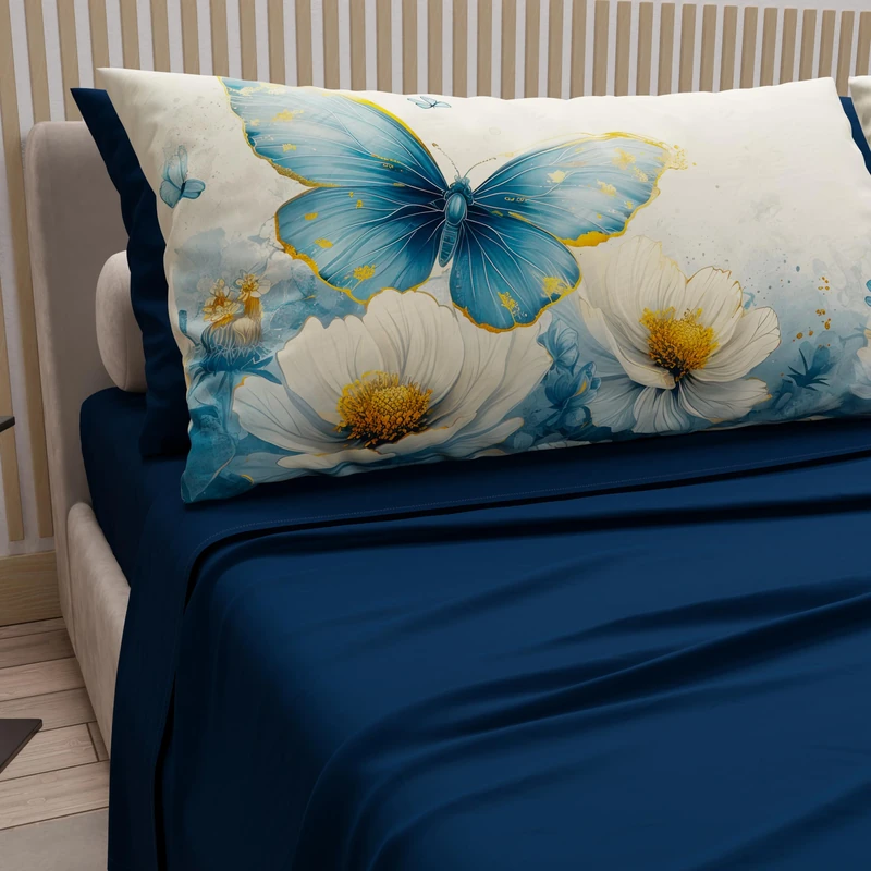 PETTI Artigiani Italiani - Cotton Sheets with Pillowcases in Digital Print, Double Maxi, Complete Top and Bottom Sheet with Corners, Mariposa 04 Night Blue, 100% Made in Italy