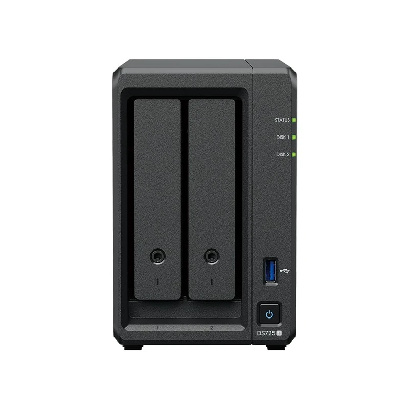 Synology DS725+ 24TB (Synology HAT33) 2 bay Plus series with Ryzen R1600, 4GB Ram (32GB max), 1x 2.5GbE, 1x 1GbE, 2x M.2 NVMe slots. DX525 expansion available via Type-C.