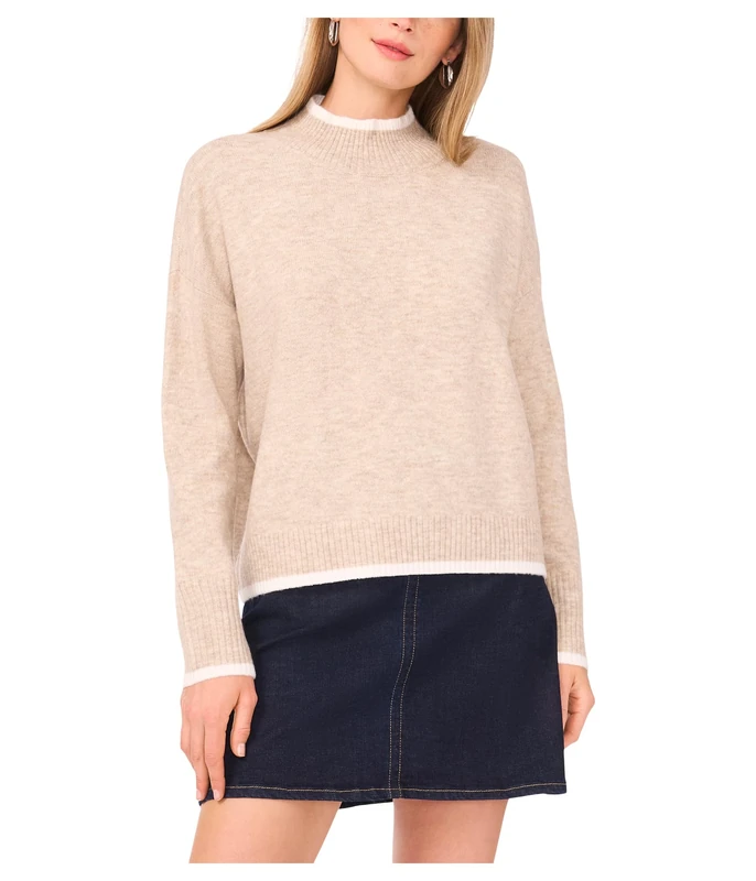 Vince Camuto Women's Long Sleeve Mock Neck with Tipping Pullover Sweater, Oatmeal, L