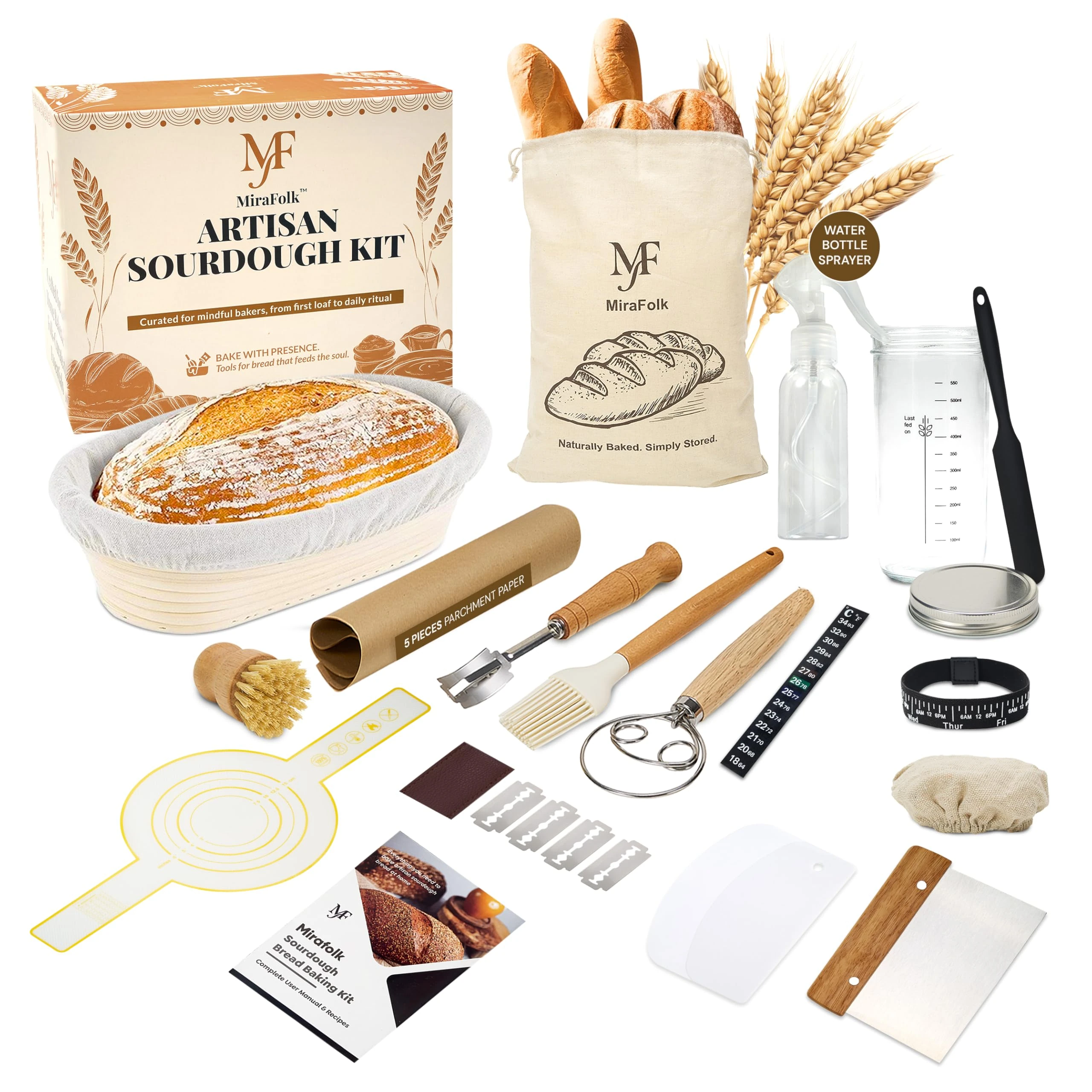 MiraFolk Sourdough Starter Kit – Bread Making Kit with 10in Oval Proofing Basket with Cloth Liner, Jar, Dough Whisk, Dough Scraper, Bread Making Tools – Baking Accessories for Kitchen