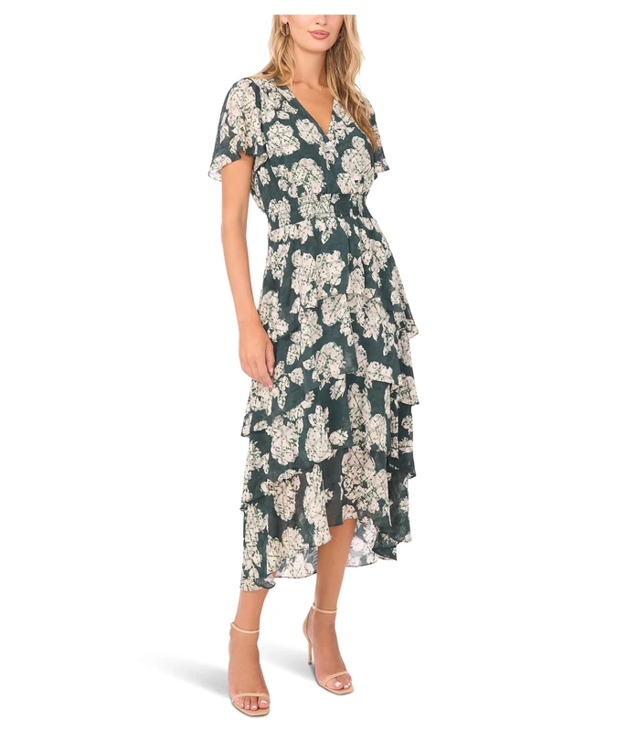 Vince Camuto Women's Elbow Sleeve Smocked Waist Tiered Maxi Dress, Forest Night, M