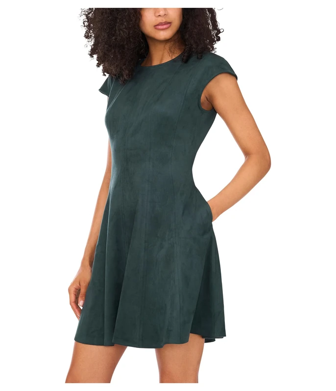 Vince Camuto Women's Princess Seam Cap Sleeve Short Circle Dress, Forest Night, XL