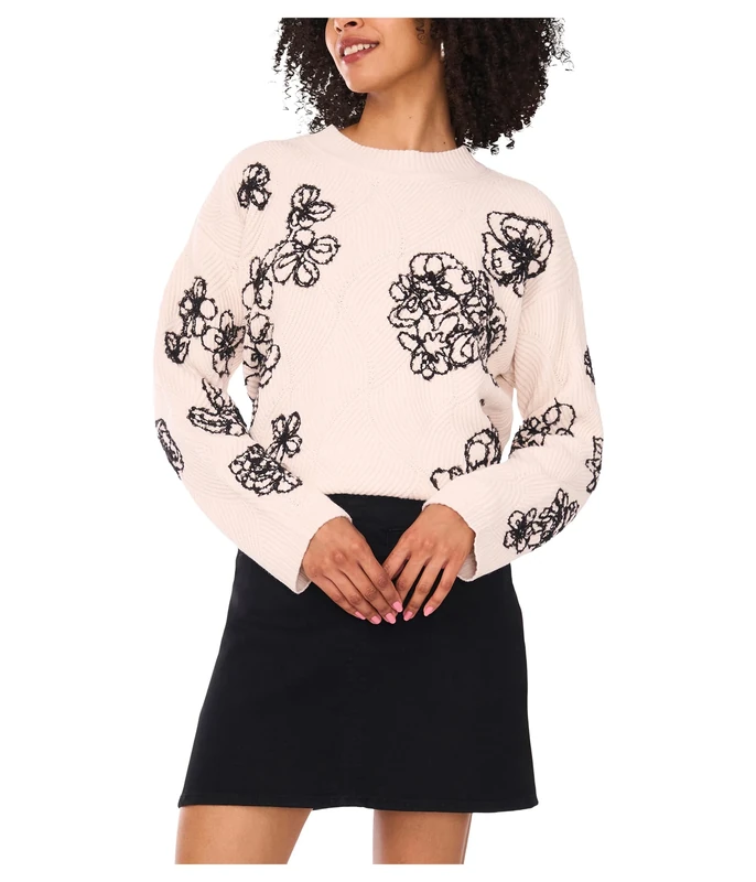 Vince Camuto Womens Embrodiery Long Sleeve Crew Neck, Sugar Heather, S