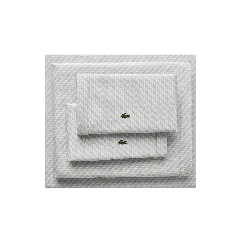 Lacoste Mini Geo Logo 100% Percale Cotton 4-Piece Sheet – Cool, Crisp, Matte, and Durable, Oeko-Tex Certified – Print, Grey, Cal King