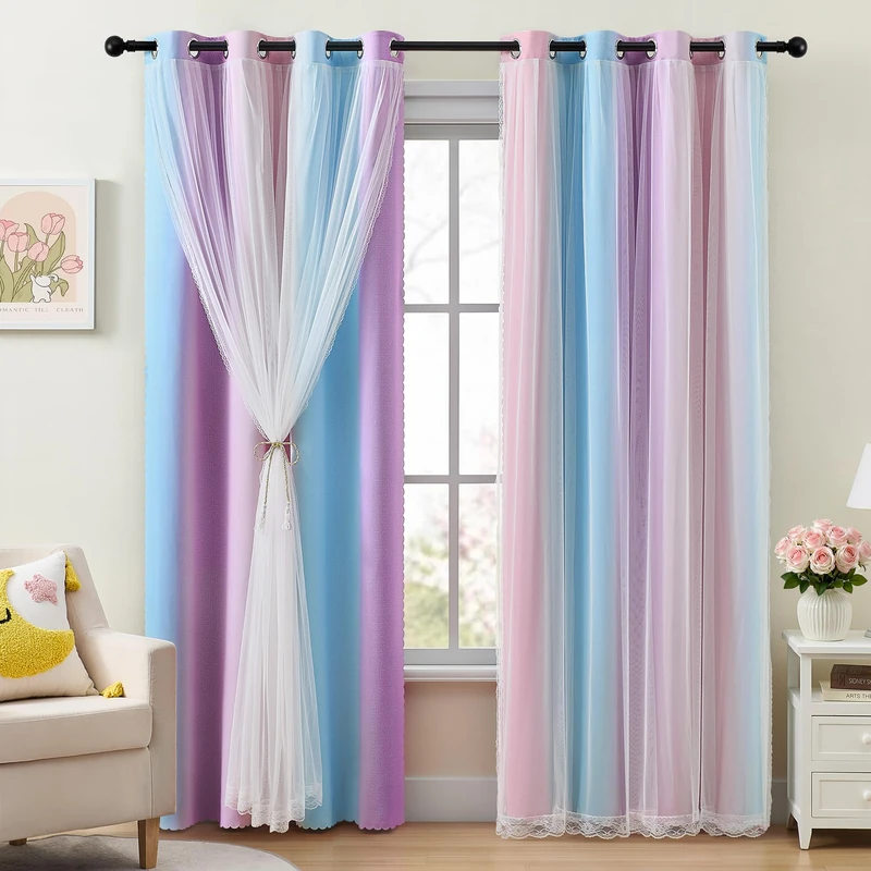 XiDi Double Layer Curtains with Sheer Overlay for Girls Bedroom Living Room 2 Panels 96 Inches Long Colorful Rainbow Blackout Curtains for Kids Unicorn Princess Grommet Drapes Pink Purple W52 x L96