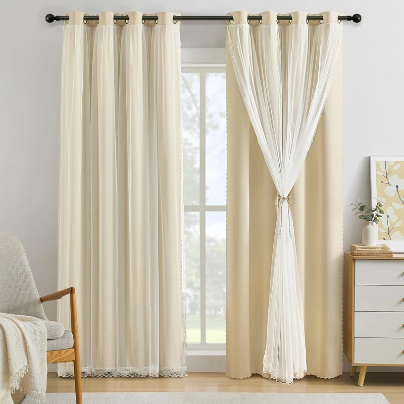 XiDi Beige Curtains with Sheer Overlay for Bedroom 100% Blackout Curtains 84 Inches Long for Living Room 2 Panels Light Block Soundproof Mix and Match Double Layer Window Drapes Grommet W52 x L84