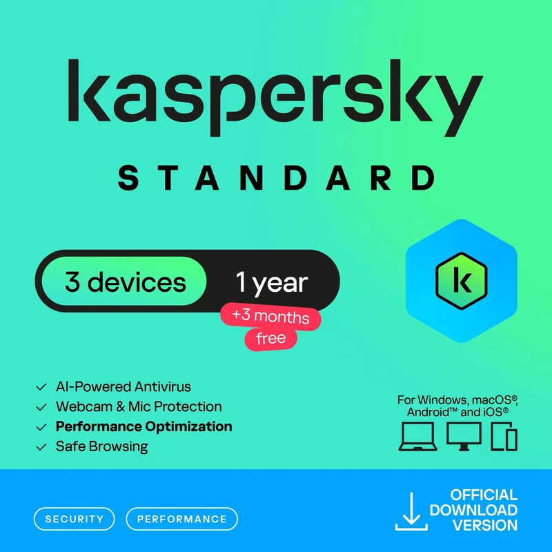 Kaspersky Standard Anti-Virus 2026 | 3 Device | 1 Year +3 Months Free | AI Powered Anti-Virus | Safe Browsing | Anti-Phishing | Game Mode | Performance Optimization | PC/Mac/Mobile