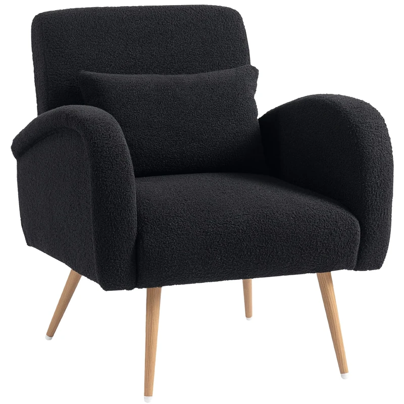 HOMCOM Modern Accent Chair, Teddy Fleece Upholstered Armchair with Lumbar Pillow, Metal Legs, Reading Lounge Chair for Living Room, Bedroom, Black