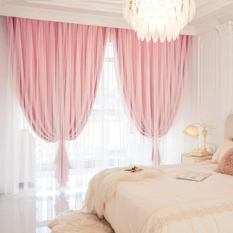 XiDi Double Layer Curtains with Sheer Overlay for Girls Kids Bedroom 96 Inches Long Pink Blackout Curtains Princess Nursery Thermal Insulated Room Darkening Grommet Drapes Lace Hem 2 Panels W52xL96