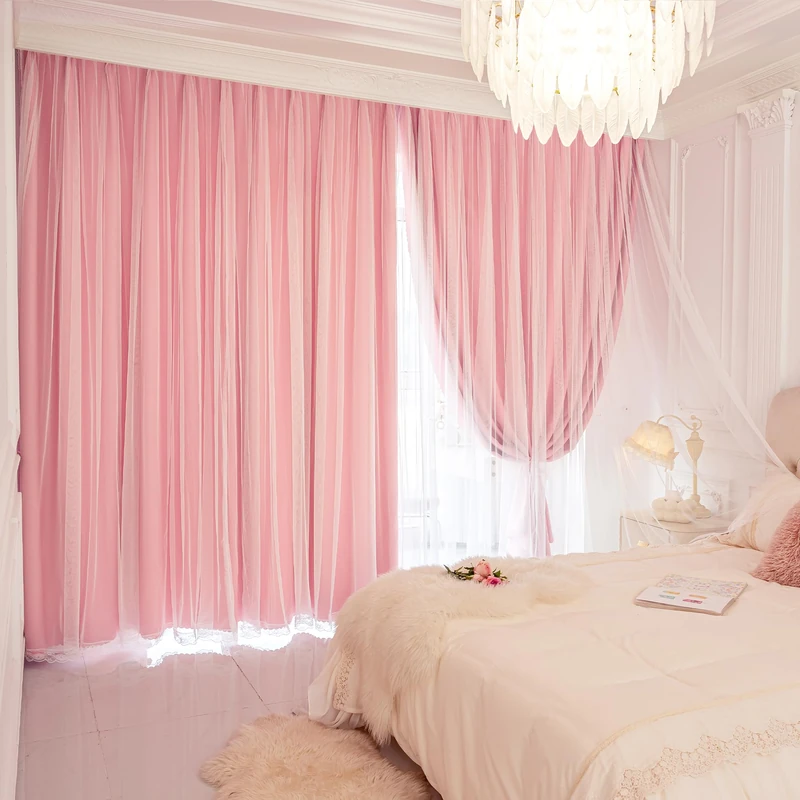 XiDi Pink Blackout Curtains with Sheer Overlay for Girls Bedroom 84 Inches Long 2 Panels Grommet Thermal Insulated Double Layer Cute Girly Princess Curtains for Nursery Kids Living Room W52 X L84