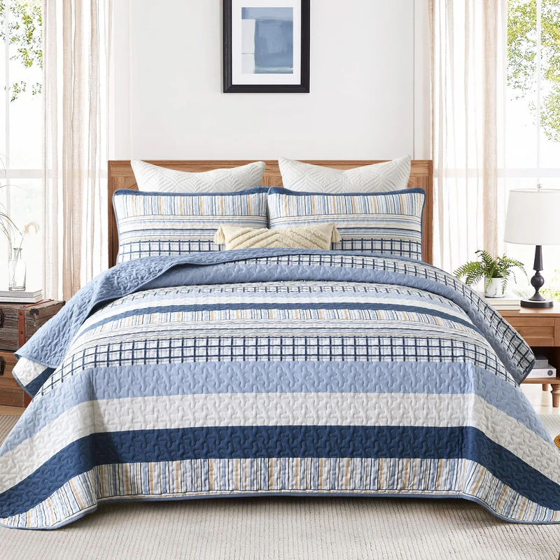 DJY California King Quilt Set - Navy Striped Patchwork Bedding