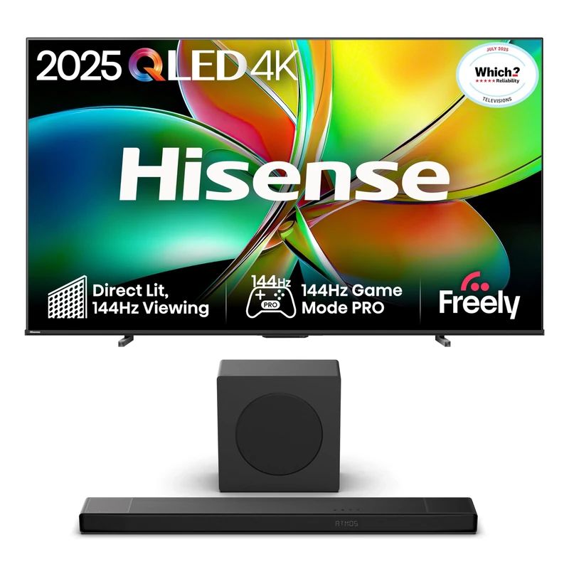 Hisense TV & Soundbar Bundle: 100E78QTUK PRO QLED TV plus the AX3120Q 3.1.2 Channel Soundbar – massive scale, Quantum Dot colour, and immersive Dolby Atmos sound.
