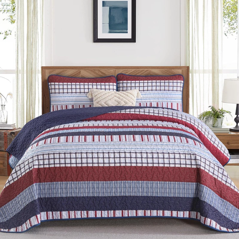 DJY California King Striped Quilt Set, Red Blue Boho Striped Bedspread Coverlet Set 3 Pieces Lightweight Soft Microfiber Patchwork Quilt Bedding Set for All Season (96"x106")