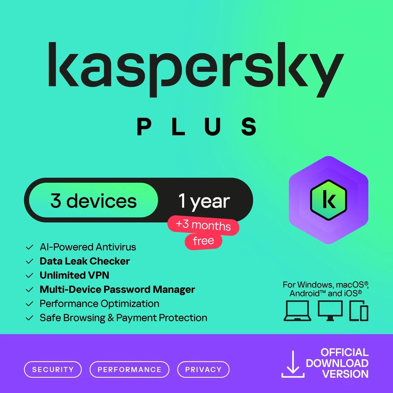 Kaspersky Plus Internet Security 2026 | 3 Device | 1 Year +3 Months Free | AI Powered Anti-Virus | Safe Browsing | Anti-Phishing | Unlimited VPN | Password Manager | PC/Mac/Mobile
