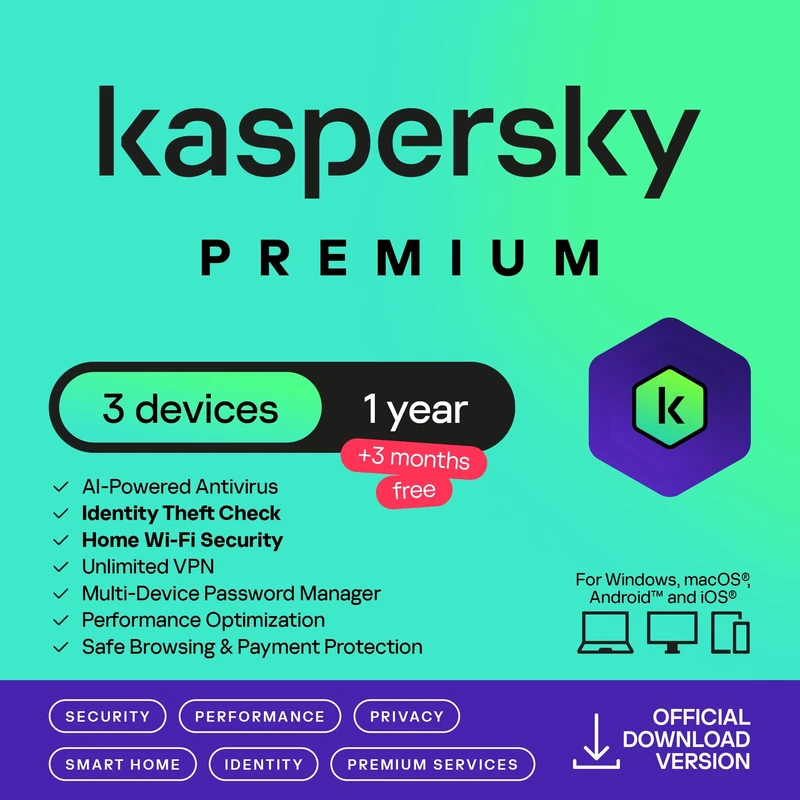 Kaspersky Premium 2026 - 3 Device, 1 Yr +3 Mo Free, AI AV, VPN