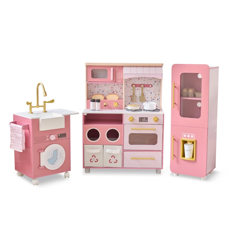 Teamson Kids Little Chef Savannah Wooden Play Kitchen Set, Pink 3-Piece Modular Kitchen with Ice Maker, Pop-Up Toaster, Washer Unit, Recycling Bins & 21 Accessories Included - Image 1
