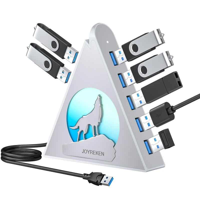 7 Port USB Hub, JoyReken USB 3.0 Hub with 2 FT Long Cable, Vertical USB Extension Hub for Laptop, MacBook,Xbox,PS4/5, Flash Drive, XPS, PC, Flash Drive, Game Console, Printer, Keyborad, Mouse (Silver)