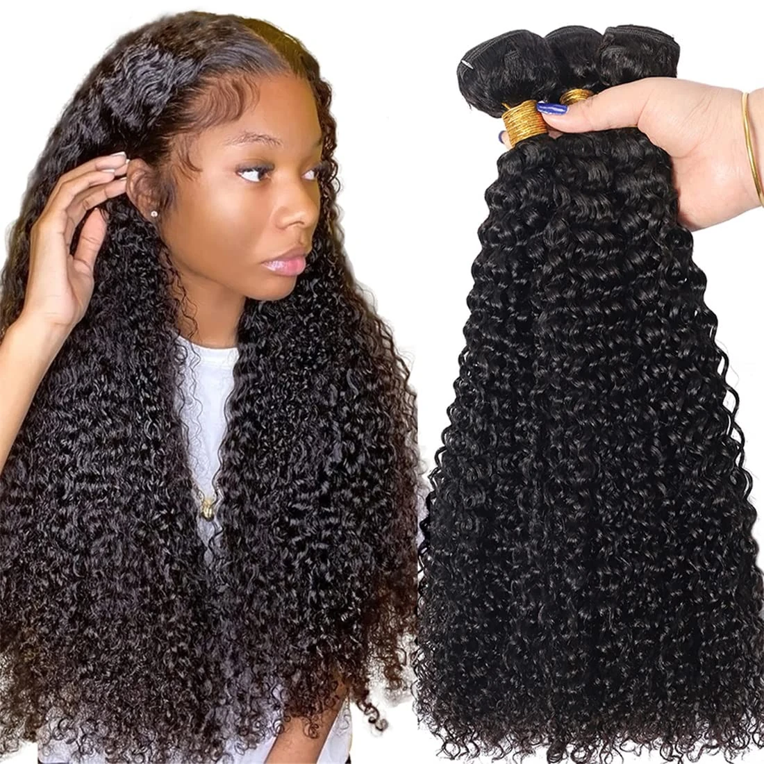 Bele Brazilian Kinky Curly Human Hair Bundles 18 20 22 inch Kinky Curly Hair 3 Bundles 12A Unprocessed Virgin Human Hair Weave Bundles Natural Black Color Can Be Dyed or Bleached